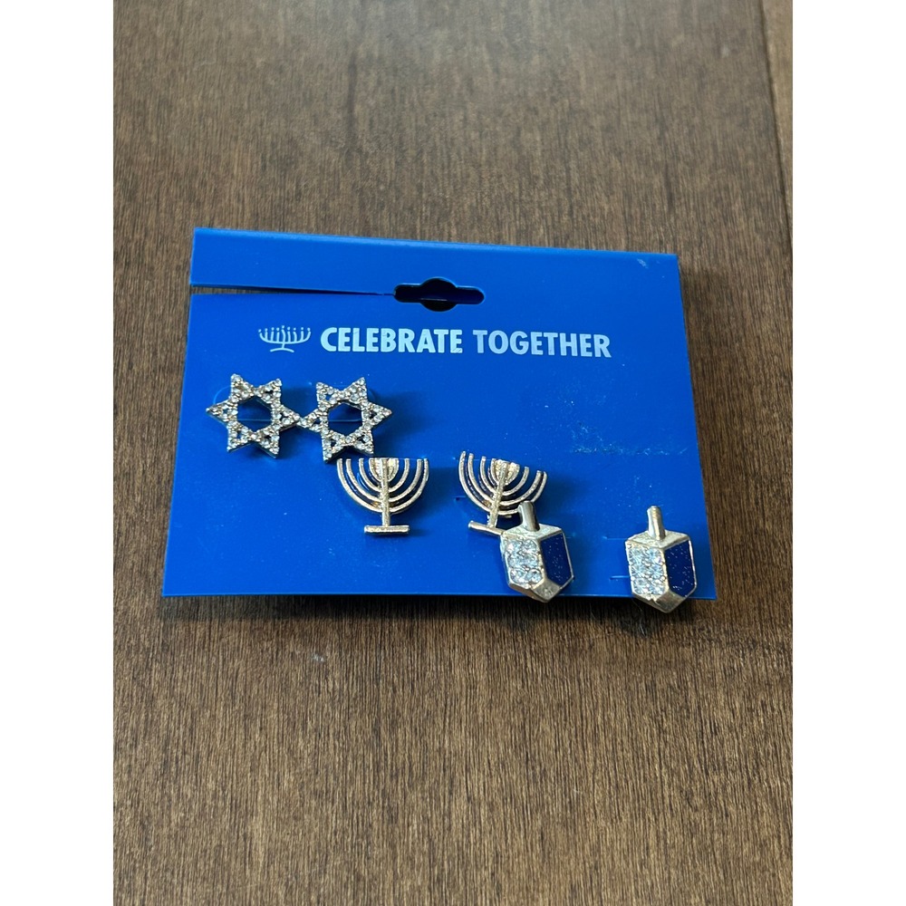 Celebrate Together Hanukkah Earring Set Star of David Menorah Dreidel 3 Pairs